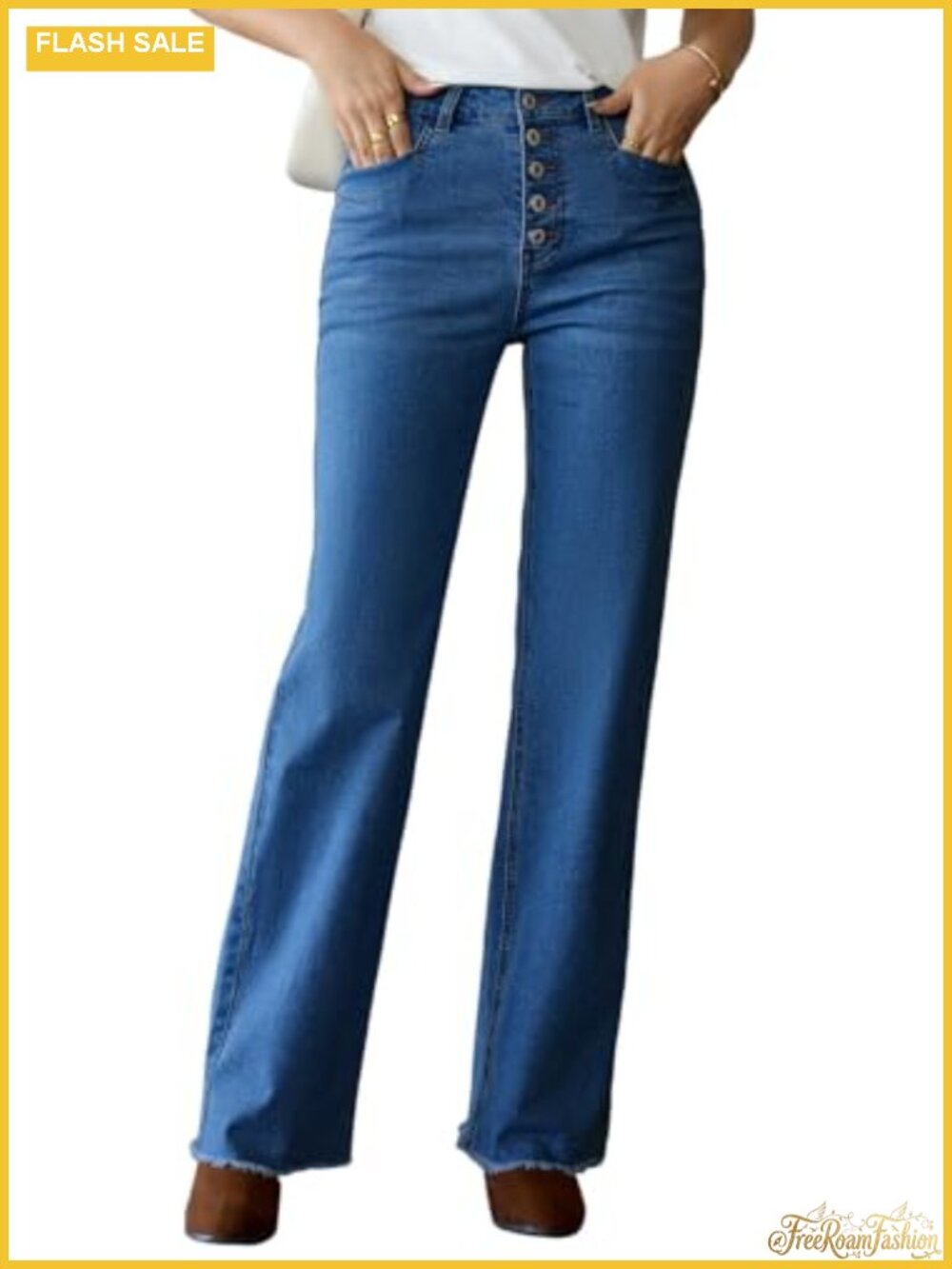 High Waisted Wide Leg Stretchy Jeans with Button Fly Raw Hem